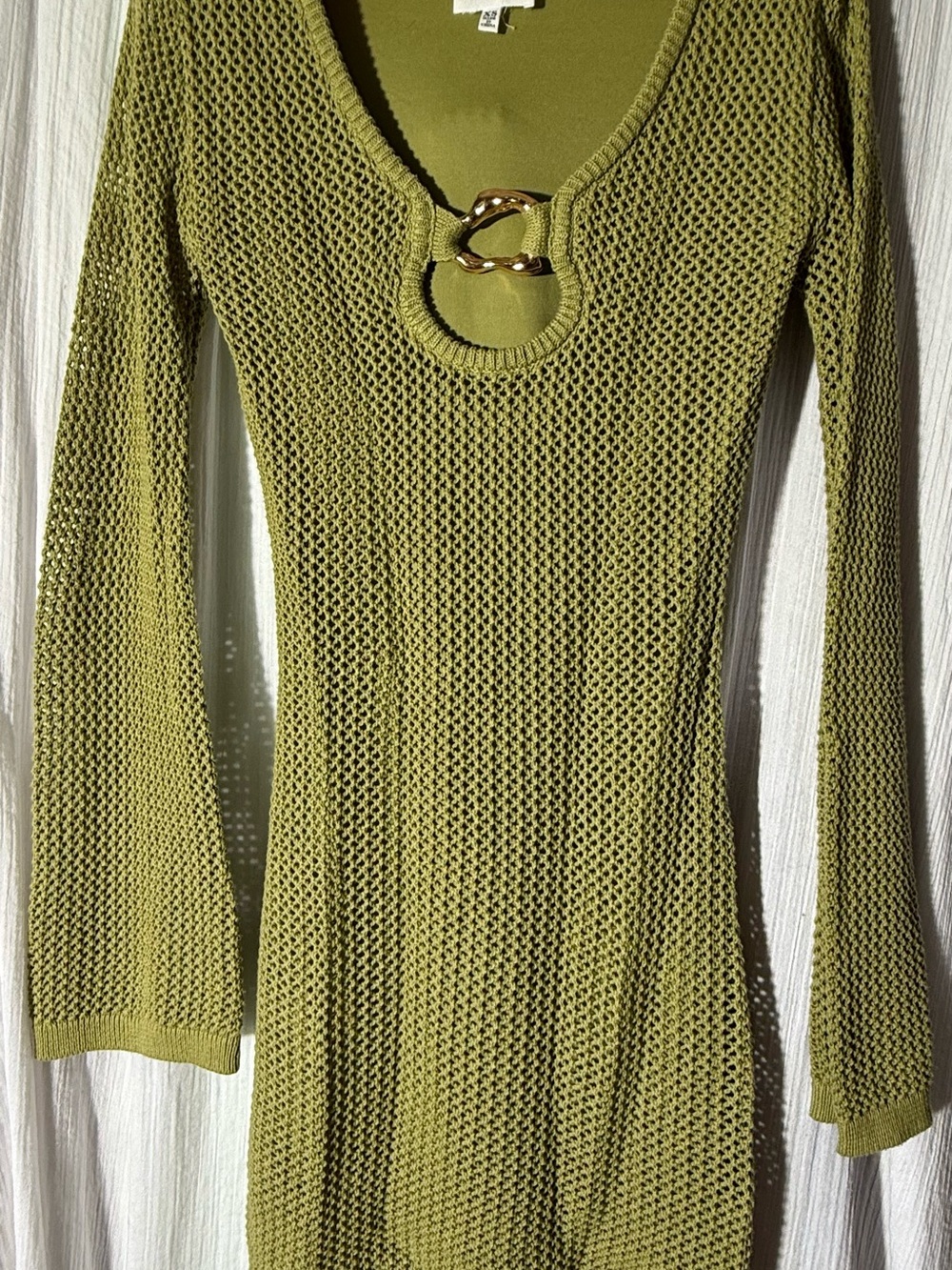 Olive Green Long Sleeve Knit Dress with Gold Accent